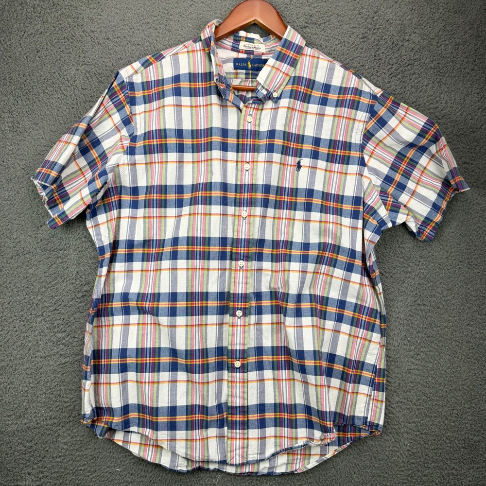 Ralph Lauren Bleeding Madras Shirt Mens XL Blue Plaid Short Sleeve Button Down